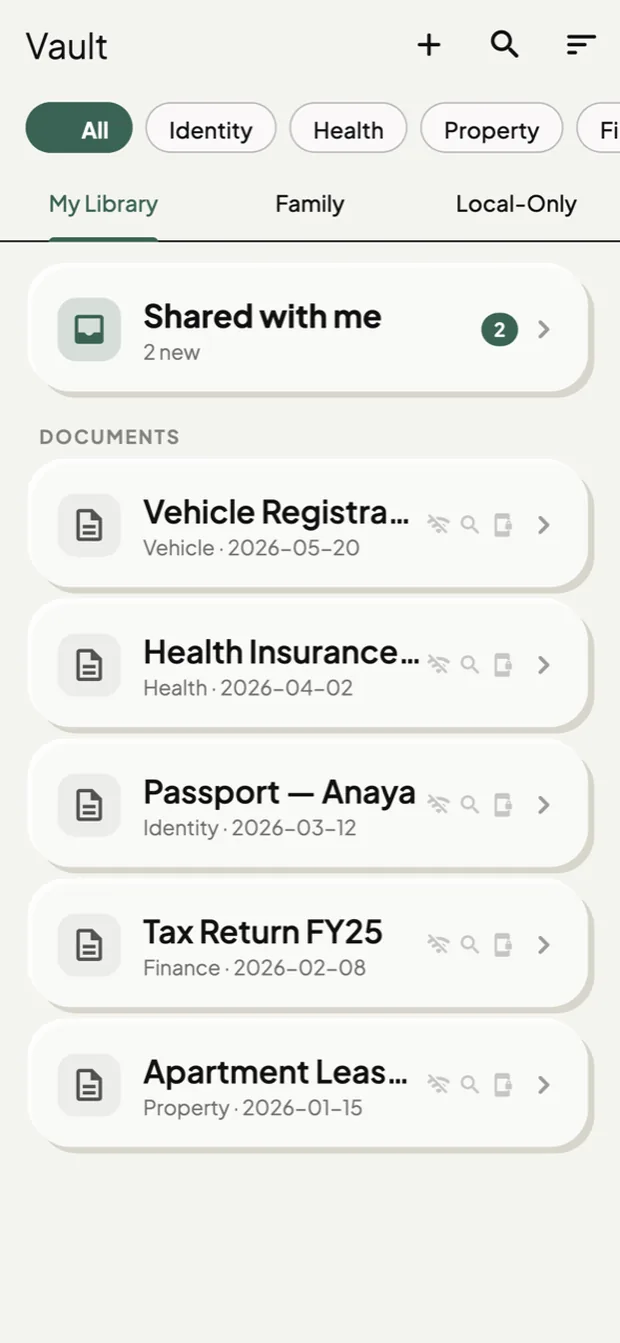 The Foldyni library: documents grouped by category with filters for Identity, Health and Property.