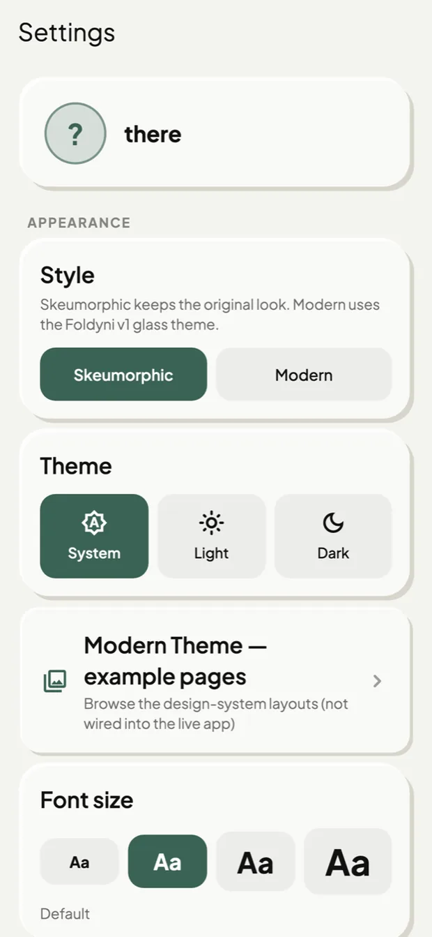 Foldyni settings: theme style, dark mode and font-size controls.
